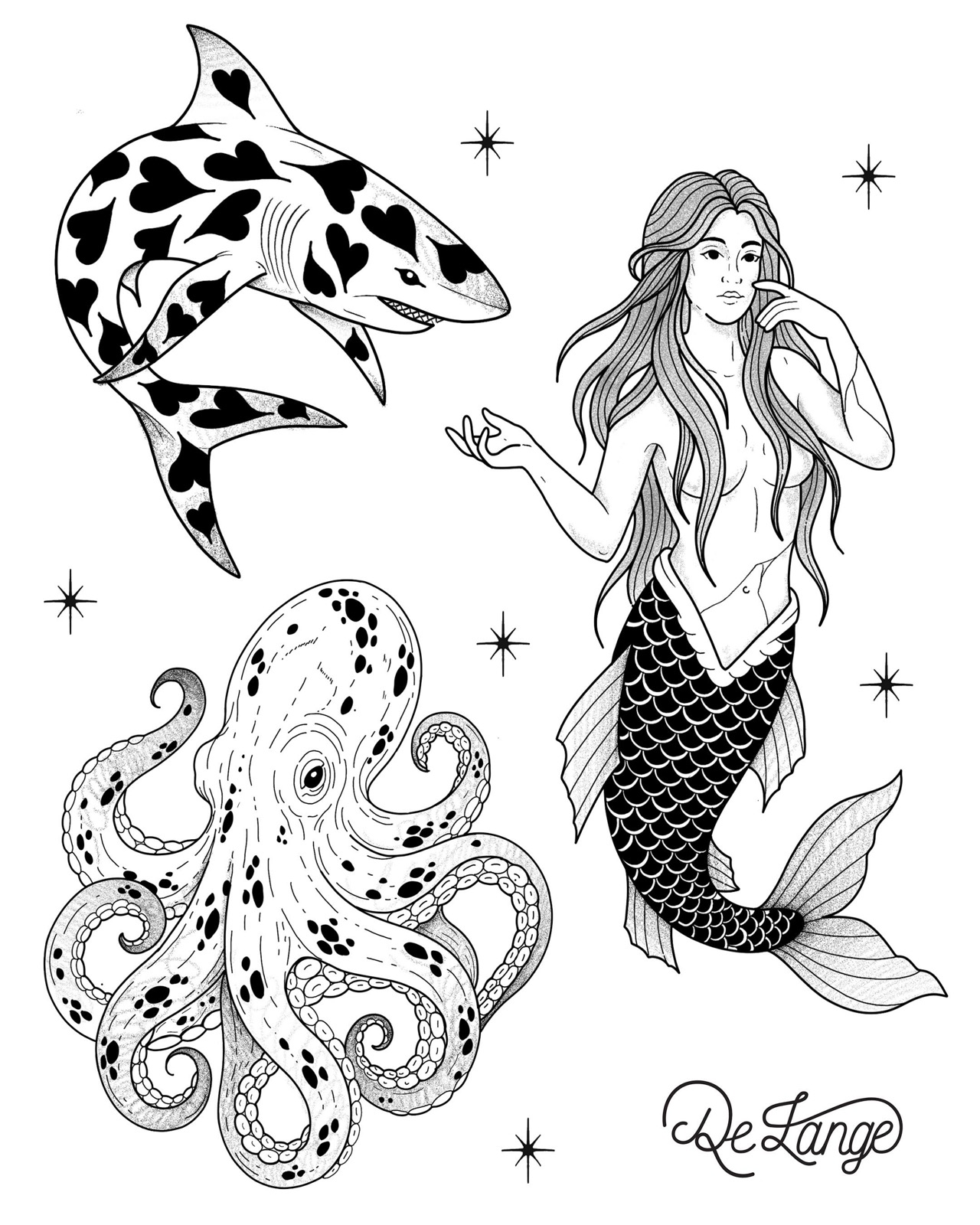 Planche de flashs, requin, pieuvre et sirène